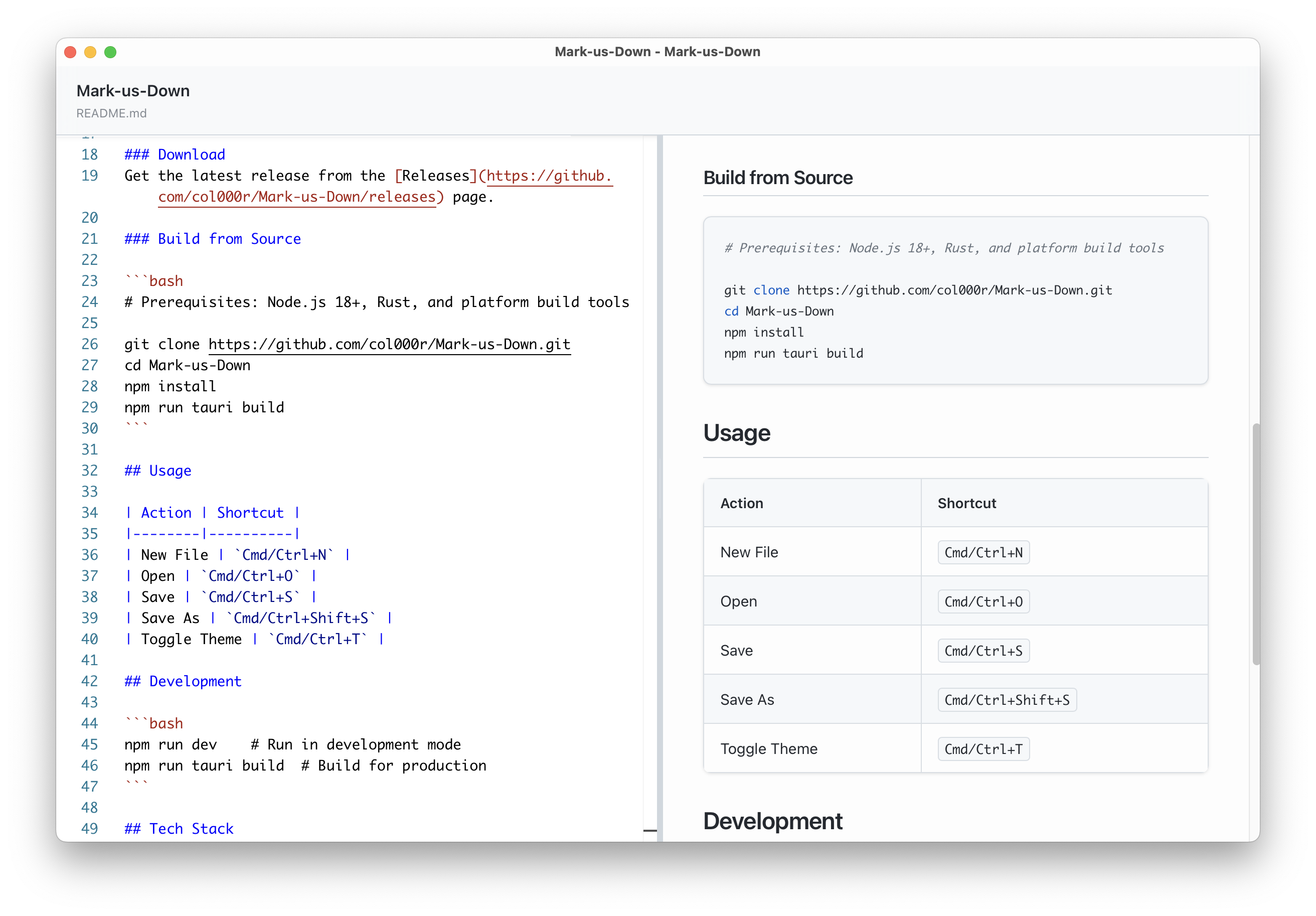 Mark-us-Down Editor Screenshot showing split-pane markdown editing with live preview